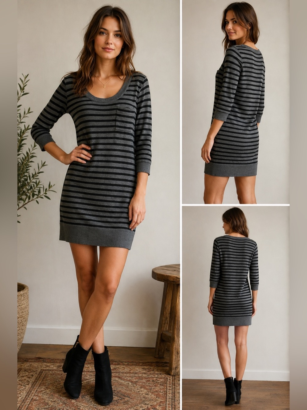 Rag & Bone Merino Wool Striped Sweater Dress Gray Black Size L
